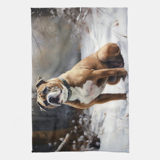 (犬)スタッフォードブルテリアそれを雪のクリスマスに任せる キッチンタオル (縦)