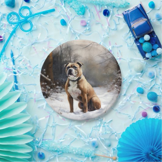 （犬）スタッフォードブルテリアそれを雪のクリスマスに任せる ペーパープレート (パーティー)
