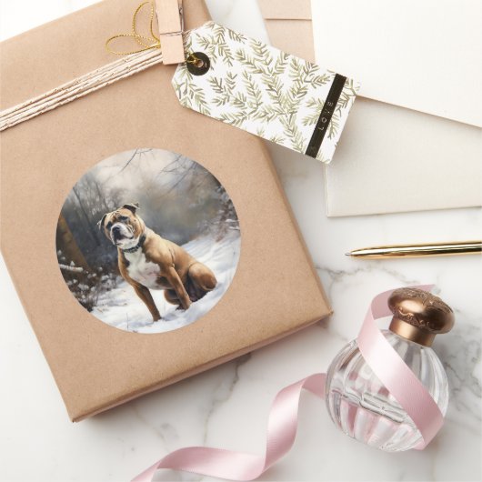 （犬）スタッフォードブルテリアそれを雪のクリスマスに任せる ラウンドシール (ギフト)