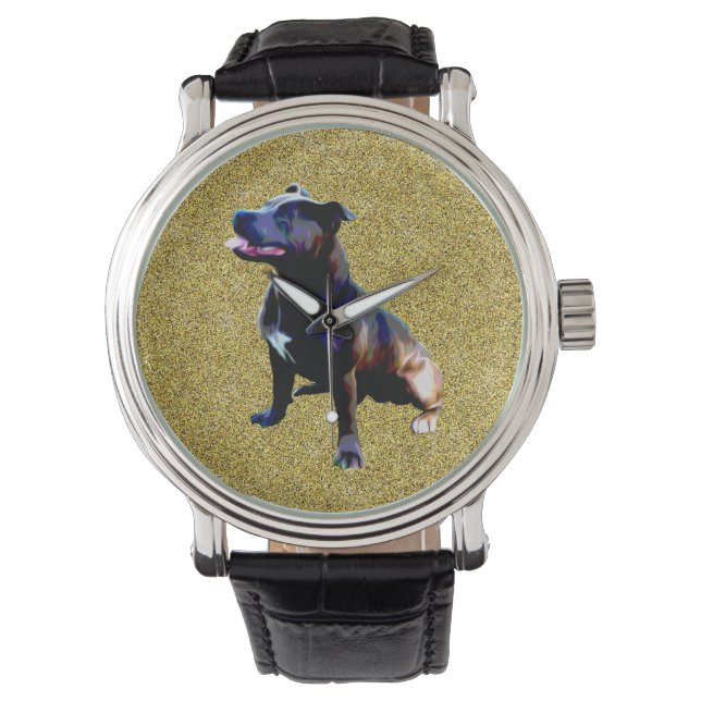 （犬）スタッフォードブルテリアオン金ゴールドメンズウォッチ 腕時計 (正面)