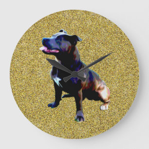 (犬)スタッフォードブルテリアオン金ゴールド、大型クロック ラージ壁時計