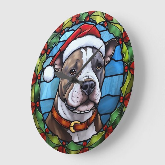 （犬）スタッフォードブルテリアステンドグラスのクリスマス ラージ壁時計 (傾斜)