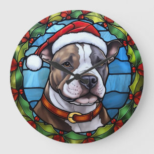 (犬)スタッフォードブルテリアステンドグラスのクリスマス ラージ壁時計