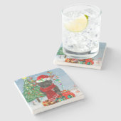 （犬）スタッフォードブルテリアドッグin雪のクリスマス ストーンコースター (横)