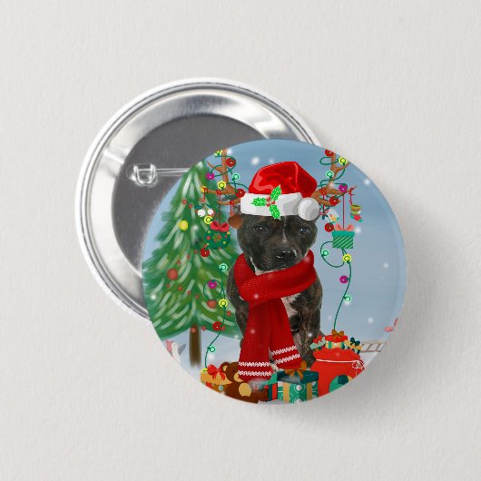 (犬)スタッフォードブルテリアドッグin雪のクリスマス 缶バッジ (正面&裏面)