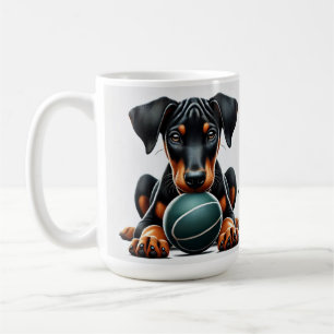 (犬)ドーベルマン・ピンシェルの子犬がボールを持つ コーヒーマグカップ