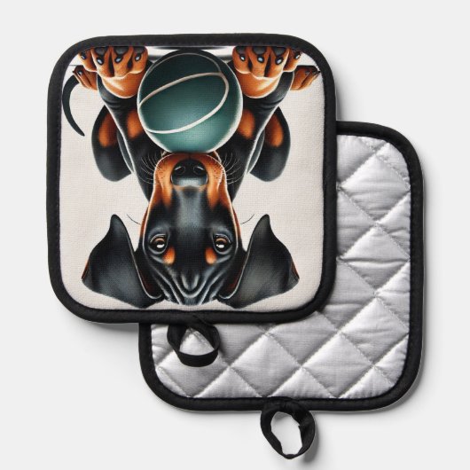 (犬)ドーベルマン・ピンシェルの子犬がボールを持つ 鍋敷き (正面/裏面)