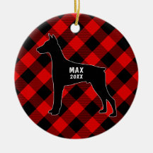 （犬）ドーベルマン・ピンシェルの格子縞のクリスマスのオーナメント