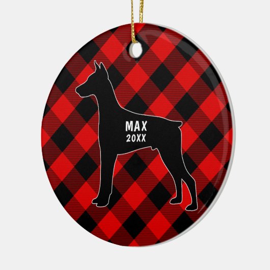 （犬）ドーベルマン・ピンシェルの格子縞のクリスマスのオーナメント セラミックオーナメント (左)