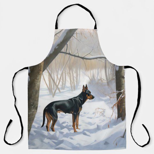 (犬)ドーベルマン・ピンシェルは雪のクリスマスを許す エプロン (正面)