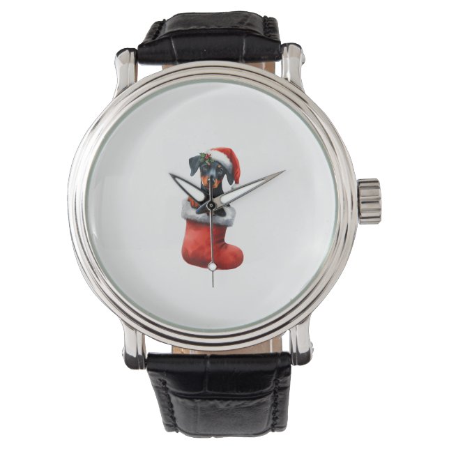 （犬）ドーベルマン・ピンシェルインソッククリスマスサンタハットクリスマス 腕時計 (正面)