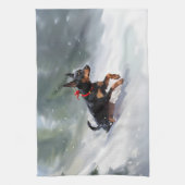 （犬）ドーベルマン・ピンシェルクリスマスの雪の冬 キッチンタオル (縦)