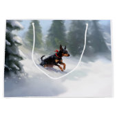 (犬)ドーベルマン・ピンシェルクリスマスの雪の冬 ラージペーパーバッグ (正面)