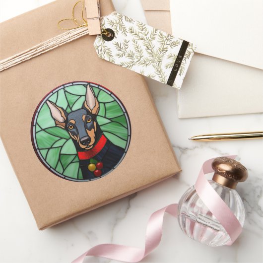 （犬）ドーベルマン・ピンシェルステンドグラスのクリスマス ラウンドシール (ギフト)
