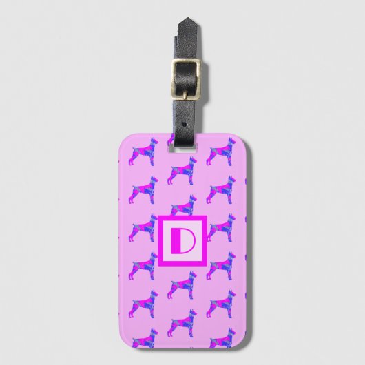 （犬）ドーベルマン・ピンシェルドッグラバーピンク&ブルーモノグラム ラゲッジタグ (正面縦)