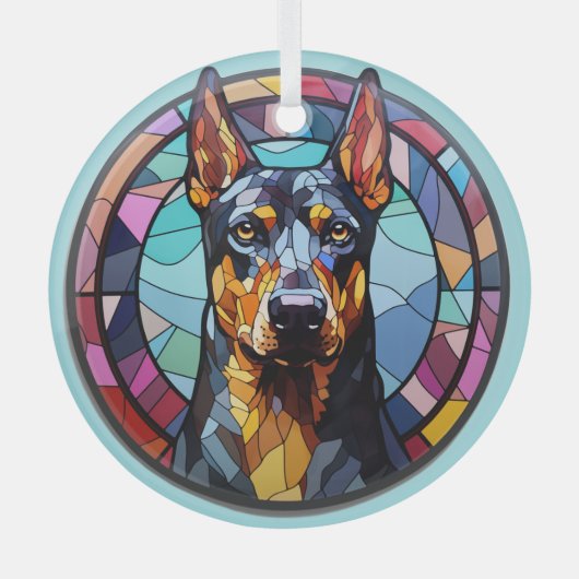 (犬)ドーベルマン・ピンシェル犬抽象芸術染色 ガラスオーナメント (正面)