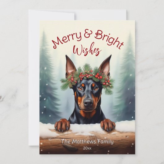 (犬)ドーベルマン・ピンシェル素朴クリスマスペットポートレート シーズンカード (正面)