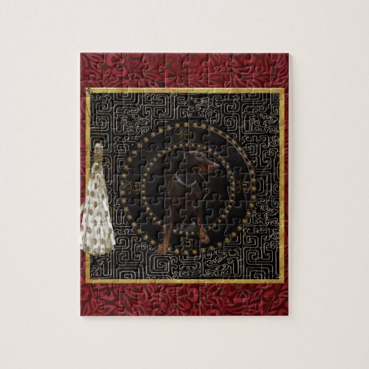 （犬）ドーベルマン・ピンシェル、丸型、中国語の犬 ジグソーパズル (縦)