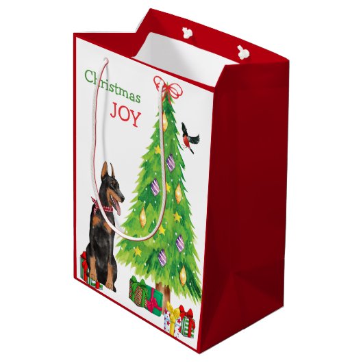(犬)ドーベルマン・ピンシェル、鳥、クリスマスツリー ミディアムペーパーバッグ (裏面アングル)