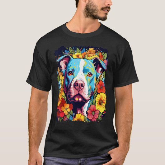 犬 ピットブル 花 愛 平和 Tシャツ (正面)