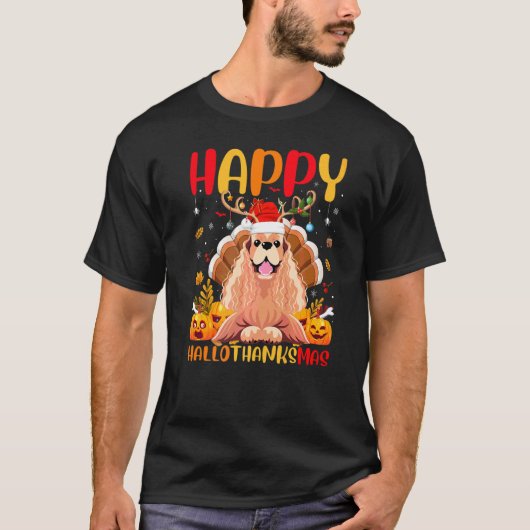 犬 幸せなコッカー・スパニエル 犬 Hellothanksmas Tシャツ (正面)