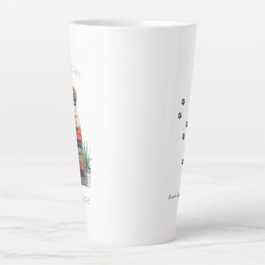 犬、本、コーヒー |水彩イラストレーション カフェラテマグ (正面)