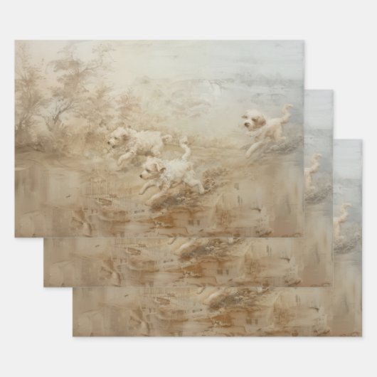 犬 – 油絵スタイルラッピングギフト紙 ラッピングペーパーシート (セット)