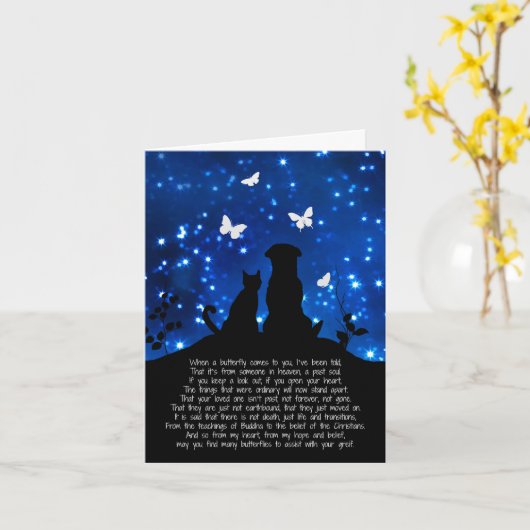 犬、猫の蝶との精神的なニューエイジの悔やみや弔慰 カード (黄色い花)