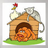 犬、猫、ニワトリのキャラクターイラストが描かれた犬小屋 ポスター (正面)