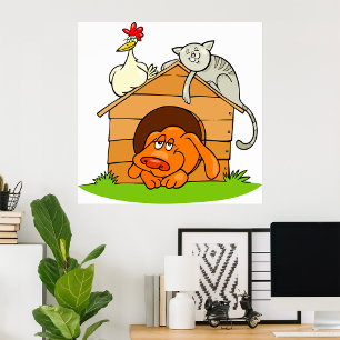 犬、猫、ニワトリのキャラクターイラストが描かれた犬小屋 ポスター