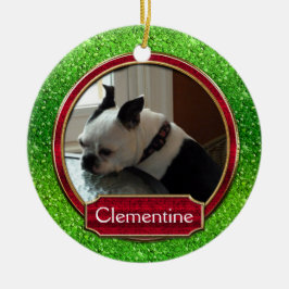 犬 猫 写真 緑 赤 スパークル クリスマス セラミックオーナメント