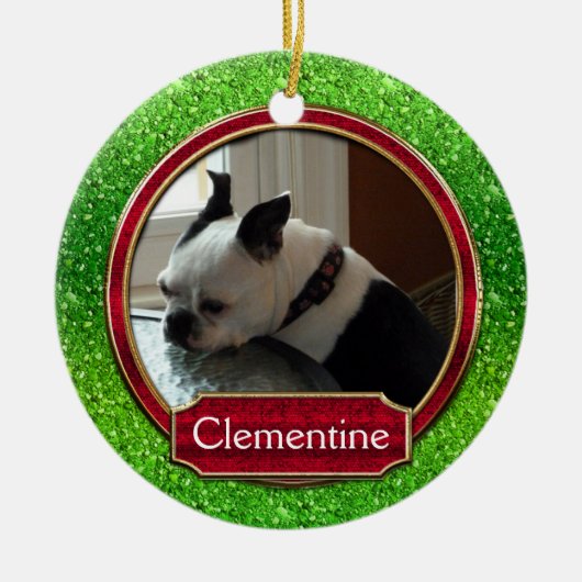 犬 猫 写真 緑 赤 スパークル クリスマス セラミックオーナメント (正面)