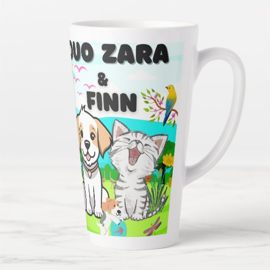 犬、猫、羽毛の中の自然 カフェラテマグ (右)