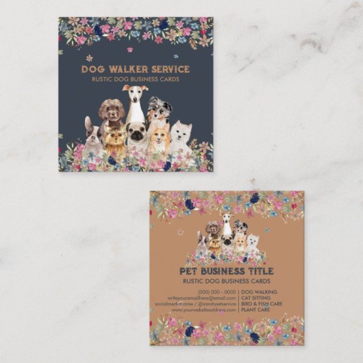 犬 花 ゆるやかなペットサービス フラワーズ スクエア名刺 (正面/裏面)