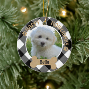 犬HAPPY HOWLIDAYS 2面2フォトバッファローチェック セラミックオーナメント