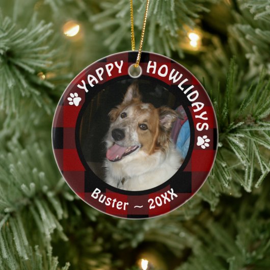 犬YAPPY HOWLIDAYS赤バッファロープレイド写真 セラミックオーナメント (ツリー)