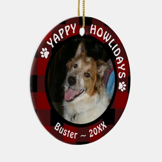 犬YAPPY HOWLIDAYS赤バッファロープレイド写真 セラミックオーナメント (右)