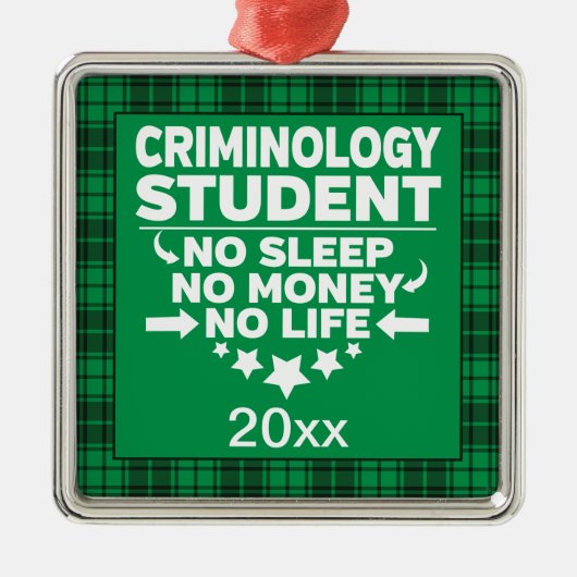 犯罪学の大学の学生グリーンプレイドクリスマス メタルオーナメント (正面)