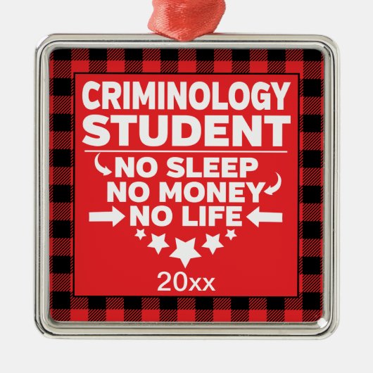 犯罪学の大学の学生レッドプレイドクリスマス メタルオーナメント (正面)