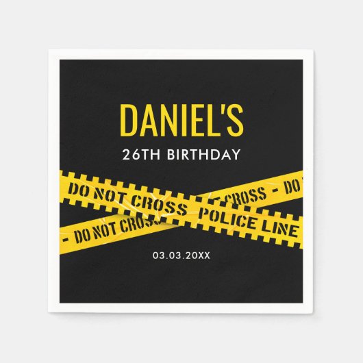 犯罪現場誕生日会と黄色の警察テープ スタンダードカクテルナプキン (正面)