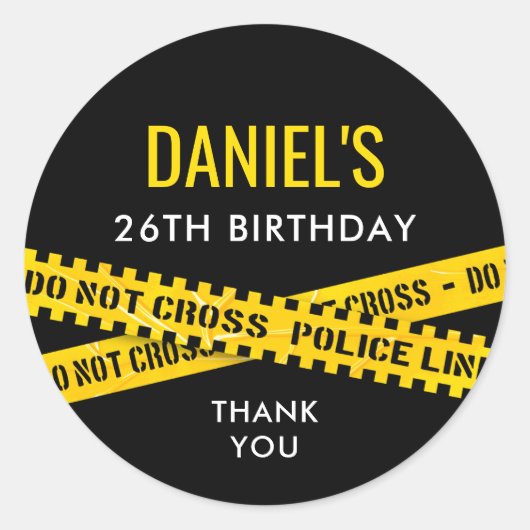 犯罪現場誕生日会と黄色の警察テープ ラウンドシール (正面)
