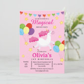 狂気の女の子最初のかわいいピンクのユニコーン誕生日 招待状 (スタンド正面)