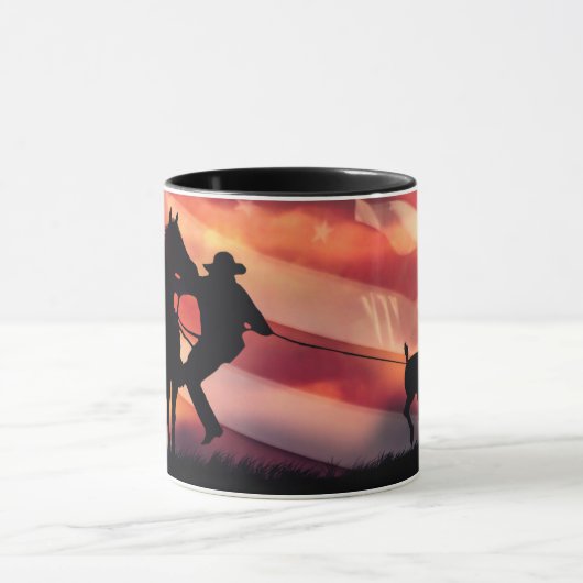 狂牛病カウボーイと馬アメリカ国旗 マグカップ (中央)