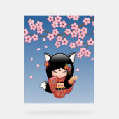 狐こけし人形ブラックキツネ芸者ガールブルー アクリルサイン (正面)