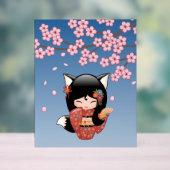 狐こけし人形ブラックキツネ芸者ガールブルー アクリルサイン (ニュートラル)