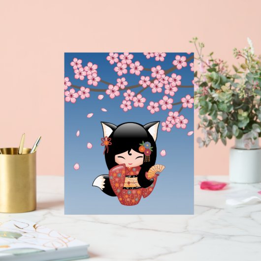 狐こけし人形ブラックキツネ芸者ガールブルー アクリルサイン (ウェディング)