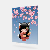 狐こけし人形ブラックキツネ芸者ガールブルー アクリルサイン (傾斜)