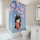 狐こけし人形ブラックキツネ芸者ガールブルー シャワーカーテン (インサイチュ)