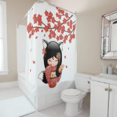 狐こけし人形ブラックキツネ芸者ガールレッド シャワーカーテン (インサイチュ)
