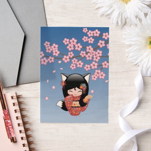 狐こけし人形ブラックキツネ芸者ブルーインサート ベラム紙招待状 (ウェディング)